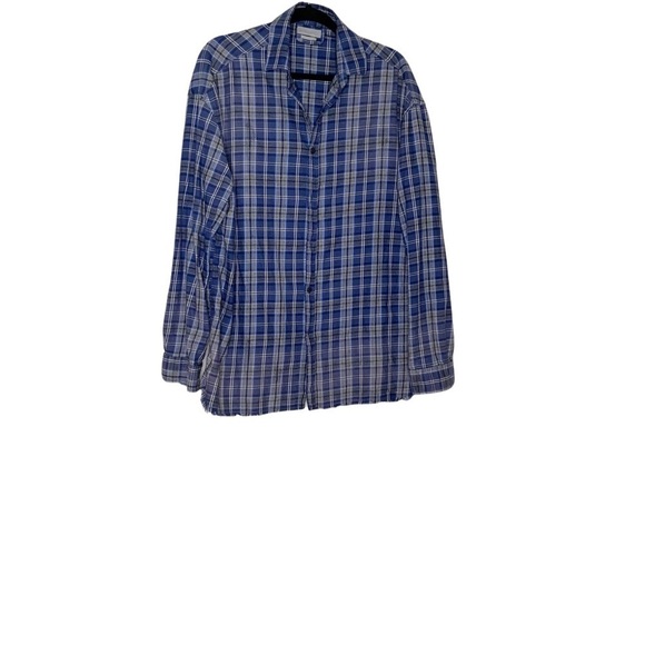 𝅺zara MAN Blue plaid buttoned down shirt with frayed hem. Size L - Picture 3 of 7